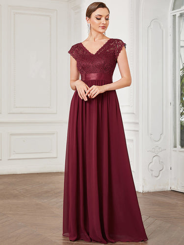 Color=Burgundy | Hot Deep V Neck A Line Wholesale Bridesmaid Dresses-Burgundy 1