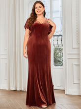 Load image into Gallery viewer, Color=brick-red | Plus Size Deep V Neck Fishtail Wholesale Evening Dresses with Ruffles Sleeves-brick-red 4