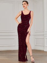 Load image into Gallery viewer, Color=Burgundy | Shiny Sleeveless Deep V Neck Split Wholesale Evening Dresses-Burgundy 3