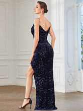 Load image into Gallery viewer, Color=Navy Blue | Shiny Sleeveless Deep V Neck Split Wholesale Evening Dresses-Navy Blue 2