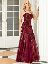 Load image into Gallery viewer, Color=Burgundy | Shiny Spaghetti Straps Fishtail Wholesale Evening Dresses-Burgundy 3