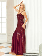 Load image into Gallery viewer, Color=Burgundy | Shiny Spaghetti Straps Fishtail Wholesale Evening Dresses-Burgundy 4