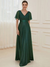 Load image into Gallery viewer, Color=Dark Green | Deep V Neck Ruffles Sleeve A Line Wholesale Evening Dresses-Dark Green 1