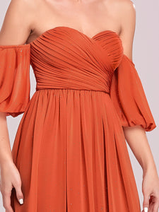 Color=Orange | Off Shoulders Short Lantern Sleeves Wholesale Evening Dresses-Orange 5