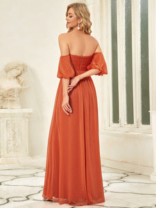 Color=Orange | Off Shoulders Short Lantern Sleeves Wholesale Evening Dresses-Orange 4