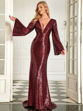 Load image into Gallery viewer, Color=Burgundy | V Neck Long Pagoda Sleeves Fishtail Wholesale Evening Dresses-Burgundy 4