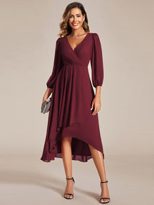 Color=Burgundy | Long Sleeves Pleated Ruffles Chiffon Wholesale Wedding Guest Dresses-Burgundy 4