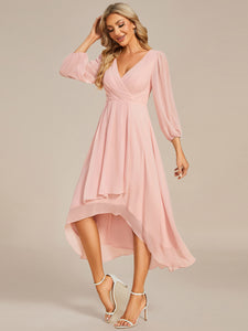 Color=Pink | Long Sleeves Pleated Ruffles Chiffon Wholesale Wedding Guest Dresses-Pink 