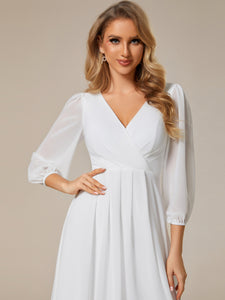 Color=White | Long Sleeves Pleated Ruffles Chiffon Wholesale Wedding Guest Dresses-White 