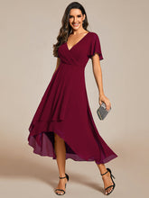 Load image into Gallery viewer, Color=Burgundy | V-Neck Midi Chiffon Wedding Guest Dresses with Ruffles Sleeve-Burgundy 4