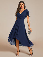 Load image into Gallery viewer, Color=Navy Blue | V-Neck Midi Chiffon Wedding Guest Dresses with Ruffles Sleeve-Navy Blue 18