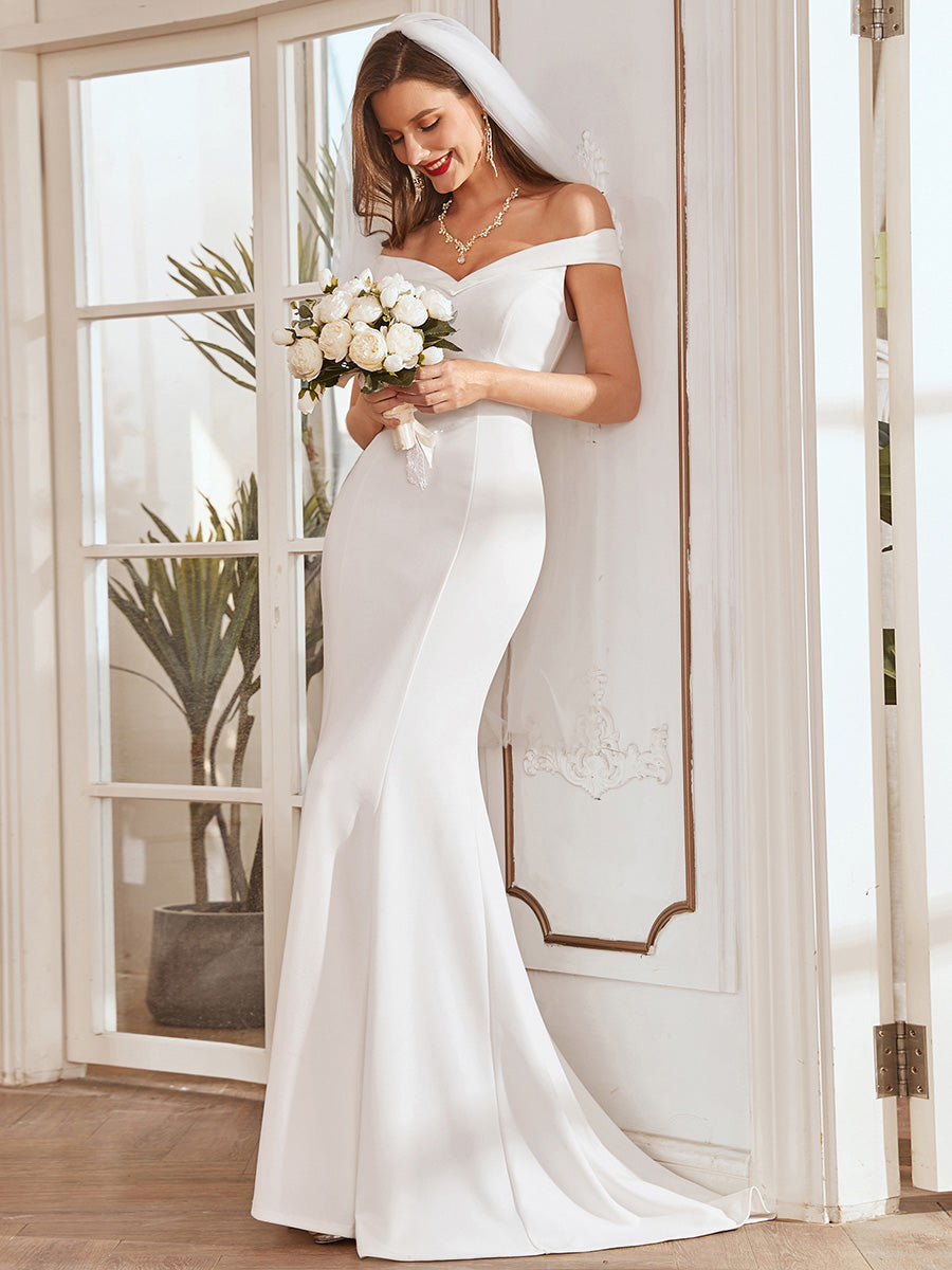 Color=Cream | Plain Wholesale Solid Color Off Shoulder Mermaid Wedding Dress-Cream 1