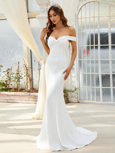 Color=Cream | Plain Wholesale Solid Color Off Shoulder Mermaid Wedding Dress-Cream 5