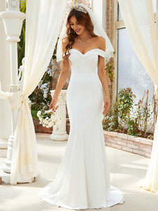 Color=Cream | Plain Wholesale Solid Color Off Shoulder Mermaid Wedding Dress-Cream 6