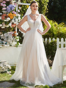 Color=Ivory | Backless A Line Sleeveless Wholesale Wedding Dresses with Deep V Neck EH0096A-Ivory 4