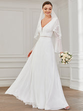 Load image into Gallery viewer, Color=White | Deep V Neck A Line Wholesale Wedding Dresses with Long Sleeves-White 1