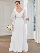 Load image into Gallery viewer, Color=White | Deep V Neck A Line Wholesale Wedding Dresses with Long Sleeves-White 2