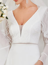 Load image into Gallery viewer, Color=White | Deep V Neck A Line Wholesale Wedding Dresses with Long Sleeves-White 5