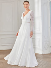Load image into Gallery viewer, Color=White | Deep V Neck A Line Wholesale Wedding Dresses with Long Sleeves-White 4