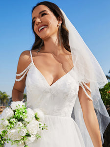 Color=White | Elegant Spaghetti Straps A-Line Floor Length V Neck Sleeveless Wholesale Wedding Dress-White 5