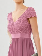 Load image into Gallery viewer, Color=Orchid | Deep V Neck A Line Cover Sleeves Wholesale Bridesmaid Dresses-Orchid 5