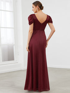 Color=Burgundy | A Line Deep V Neck Puff Sleeves Pretty Wholesale Bridesmaid Dresses-Burgundy 2