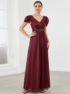 Color=Burgundy | A Line Deep V Neck Puff Sleeves Pretty Wholesale Bridesmaid Dresses-Burgundy 4