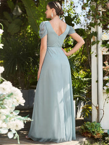 Color=Mist | A Line Deep V Neck Puff Sleeves Pretty Wholesale Bridesmaid Dresses-Mist 2