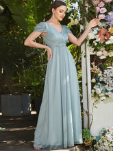 Load image into Gallery viewer, Color=Mist | A Line Deep V Neck Puff Sleeves Pretty Wholesale Bridesmaid Dresses-Mist 3
