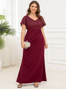 Color=Burgundy | Short Sleeves V Neck Fishtail Wholesale Mother of the Bride Dresses-Burgundy 4