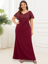 Load image into Gallery viewer, Color=Burgundy | Short Sleeves V Neck Fishtail Wholesale Mother of the Bride Dresses-Burgundy 5