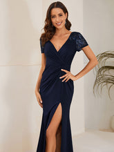 Load image into Gallery viewer, Color=Navy Blue | Deep-V Side Split Appliques Ruched Belt Wholesale Evening Dress-Navy Blue 5