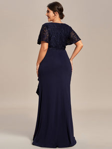 Color=Navy Blue | Plus Split Lotus Leaf Wholesale Lace Evening Dresses-Navy Blue 2