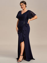 Load image into Gallery viewer, Color=Navy Blue | Plus Split Lotus Leaf Wholesale Lace Evening Dresses-Navy Blue 3