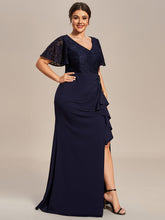Load image into Gallery viewer, Color=Navy Blue | Plus Split Lotus Leaf Wholesale Lace Evening Dresses-Navy Blue 4