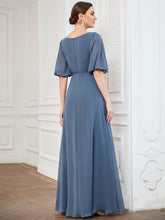 Load image into Gallery viewer, Color=Dusty Navy | Deep V Neck Puff Sleeves Floor Length Wholesale Bridesmaid Dresses-Dusty Navy 2