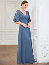 Load image into Gallery viewer, Color=Dusty Navy | Deep V Neck Puff Sleeves Floor Length Wholesale Bridesmaid Dresses-Dusty Navy 3