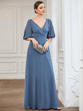 Load image into Gallery viewer, Color=Dusty Navy | Deep V Neck Puff Sleeves Floor Length Wholesale Bridesmaid Dresses-Dusty Navy 4