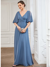 Load image into Gallery viewer, Color=Dusty Navy | Deep V Neck Puff Sleeves Floor Length Wholesale Bridesmaid Dresses-Dusty Navy 5