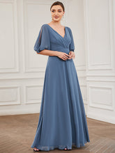Load image into Gallery viewer, Color=Dusty Navy | Deep V Neck Puff Sleeves Floor Length Wholesale Bridesmaid Dresses-Dusty Navy 1