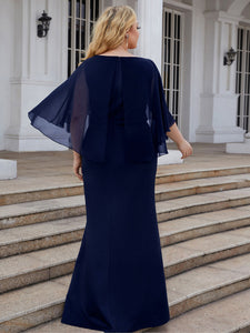Color=Navy Blue | Ruffles Sleeves Pencil Wholesale Mother of Bridesmaids Dresses-Navy Blue 2