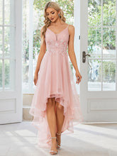 Load image into Gallery viewer, Color=Pink | High Low Mesh Appliques Wholesale Prom Dresses EO01746-Pink 4
