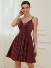 Load image into Gallery viewer, Color=Burgundy | Shiny Spaghetti Strap Short A Line Prom Dress-Burgundy 1