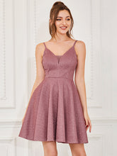 Load image into Gallery viewer, Color=Orchid | Shiny Spaghetti Strap Short A Line Prom Dress-Orchid 4