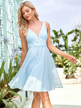 Load image into Gallery viewer, Color=Sky Blue | Classy Above Knee Sleeveless Deep V Neck Wholesale Prom Dresses-Sky Blue 3