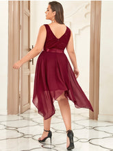 Load image into Gallery viewer, Color=Burgundy | Plus Size Deep V Neck Asymmetrical Hem Sleeveless Wholesale Dresses-Burgundy 2