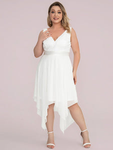 Color=Cream | Plus Size Deep V Neck Asymmetrical Hem Sleeveless Wholesale Dresses-Cream 8
