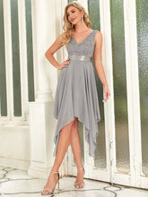 Load image into Gallery viewer, Color=Grey | Deep V Neck Asymmetrical Hem Sleeveless Wholesale Dresses-Grey 3