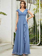 Load image into Gallery viewer, Color=Dusty Navy | Cute V Neck Wholesale Bridesmaid Dress With Ruffles-Dusty Navy 4