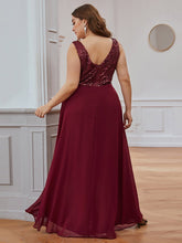 Load image into Gallery viewer, Color=Burgundy | Elegant Paillette & Chiffon V-Neck A-Line Sleeveless Plus Size Evening Dresses-Burgundy 2